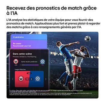 LG NANO 4K UHD AI nu85 Sports Forecast by AI Concierge displays a live soccer match with an on-screen AI panel presenting predictions, game insights, and league data, suggesting how AI analyzes gameplay to forecast match outcomes. 